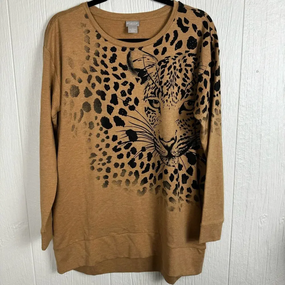 Chico's Zenergy Cheetah Print Head Face Sweater Size 1 or U.S. 8/10 Crew Neck